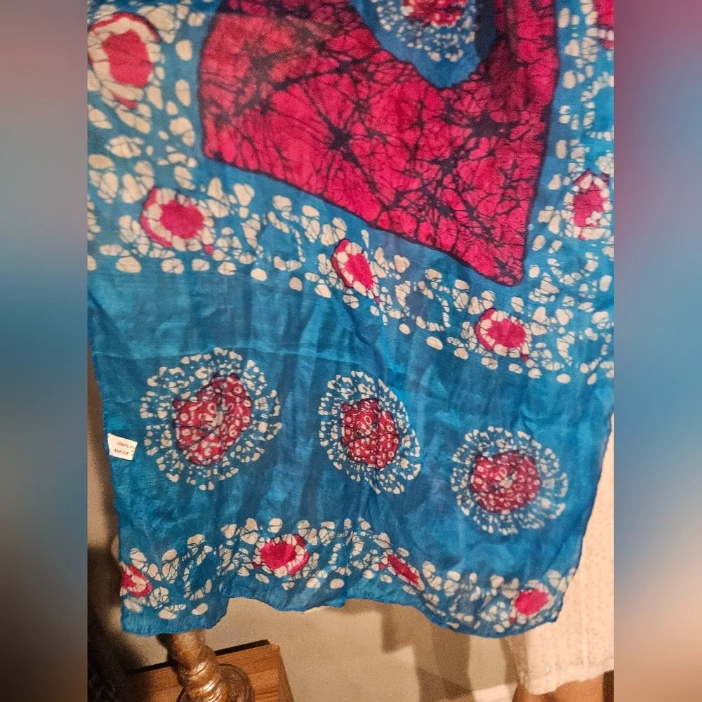100% Pure Silk Batik Scarf Wrap – Made in India Blue Pink Boho